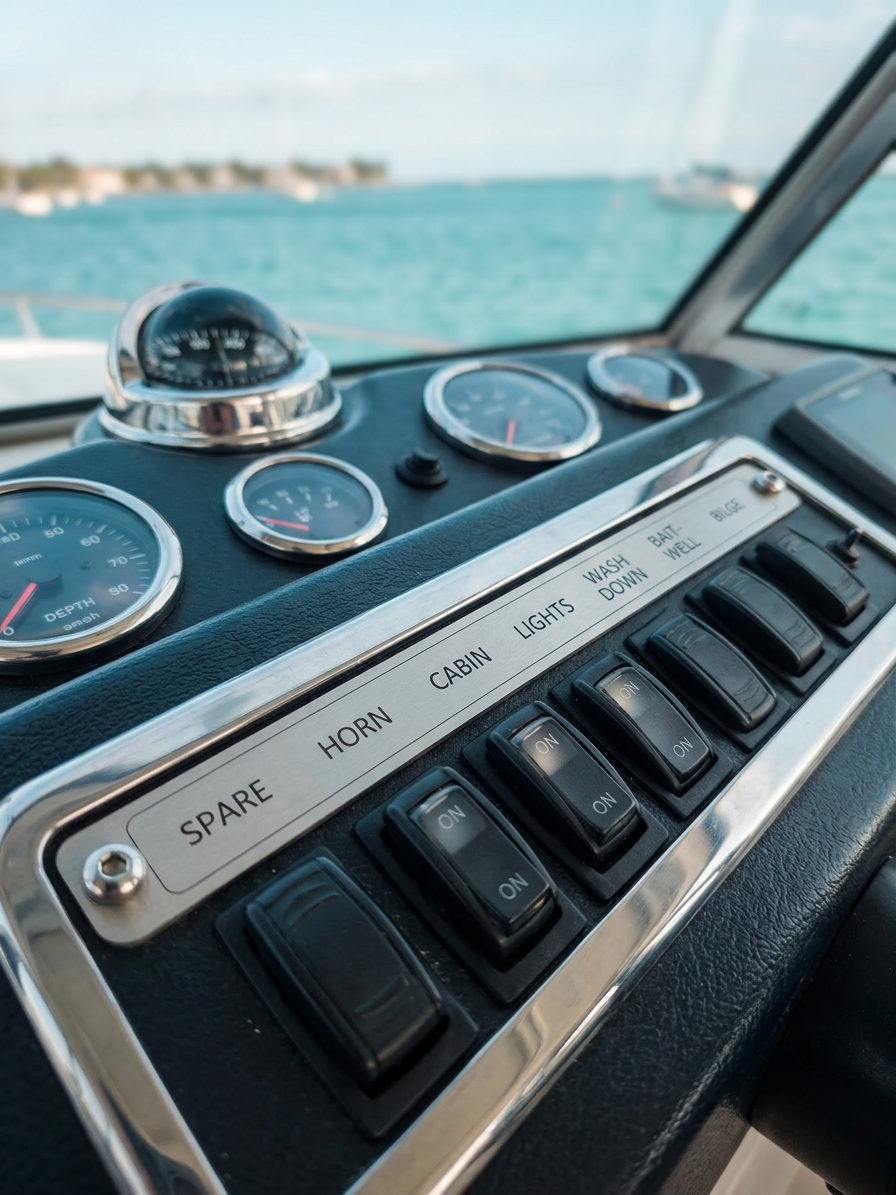 Laser engraved stainless steel switch panel label strip on a boat console