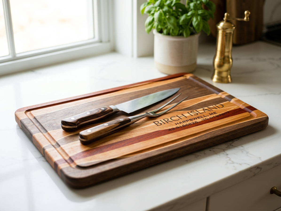 Handcrafted hardwood cutting board with walnut, maple, and padauk inlays