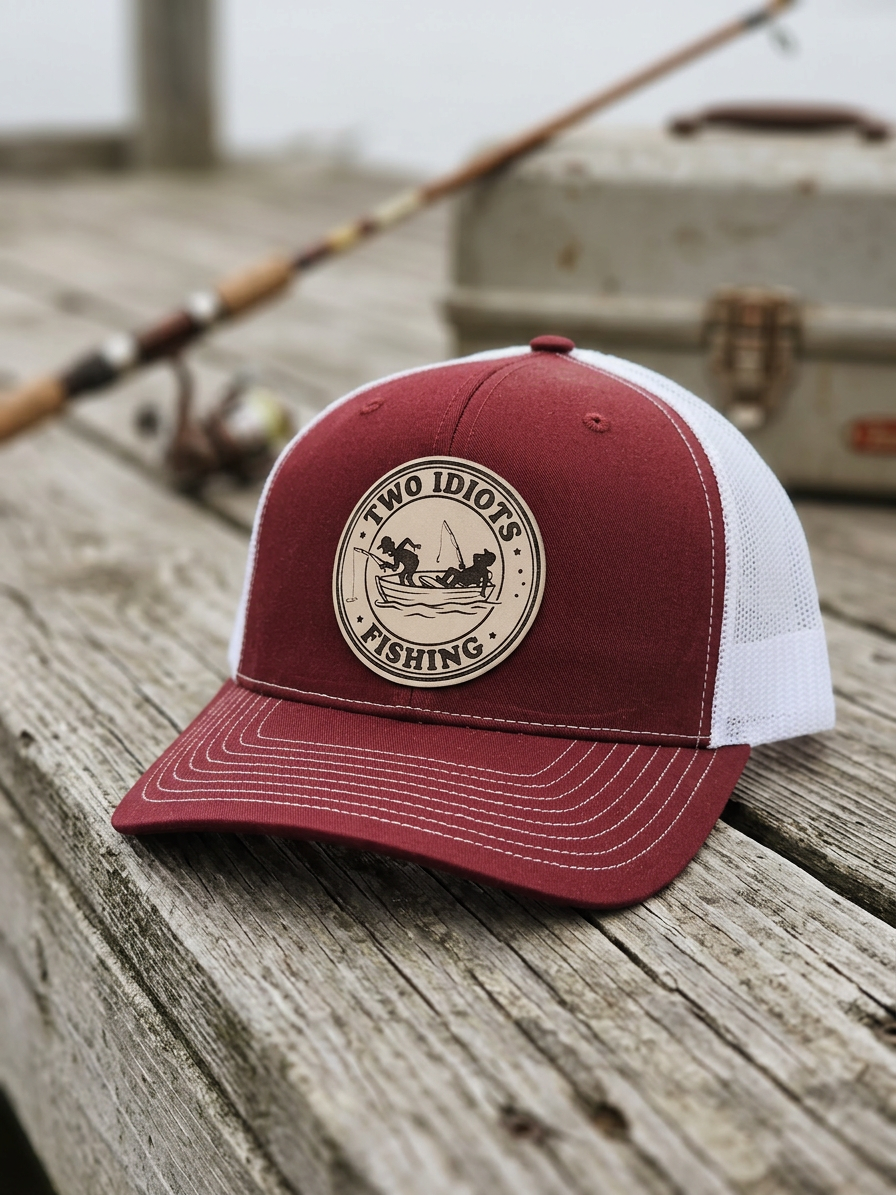 Custom laser-engraved leatherette patch on a Richardson trucker hat