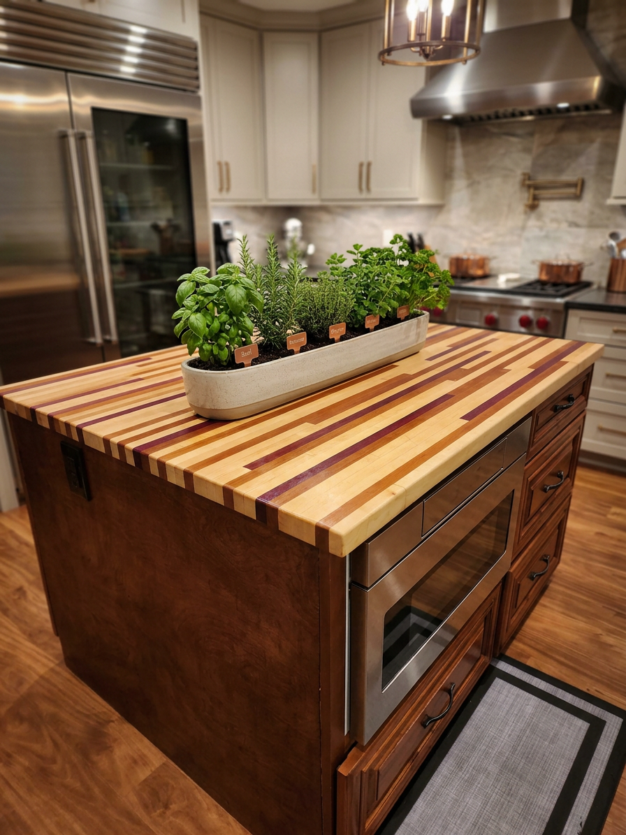Handcrafted butcher block island top with maple, purpleheart, and cherry end-grain strips