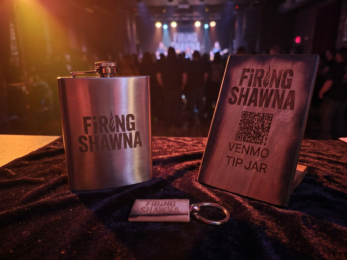 Laser engraved flask, keychain, and tip jar sign arranged on a concert merch table